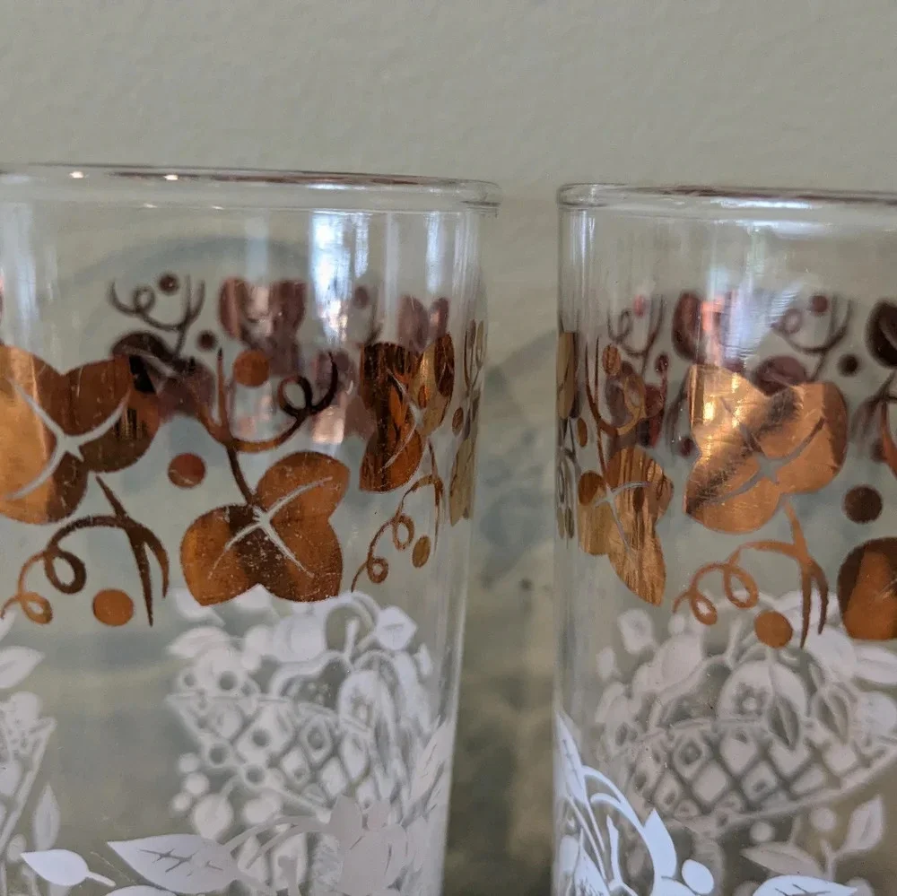 Vintage MCM 2 Hazel Atlas Tumbler Drinking Glasses Gold & White Fruit Basket